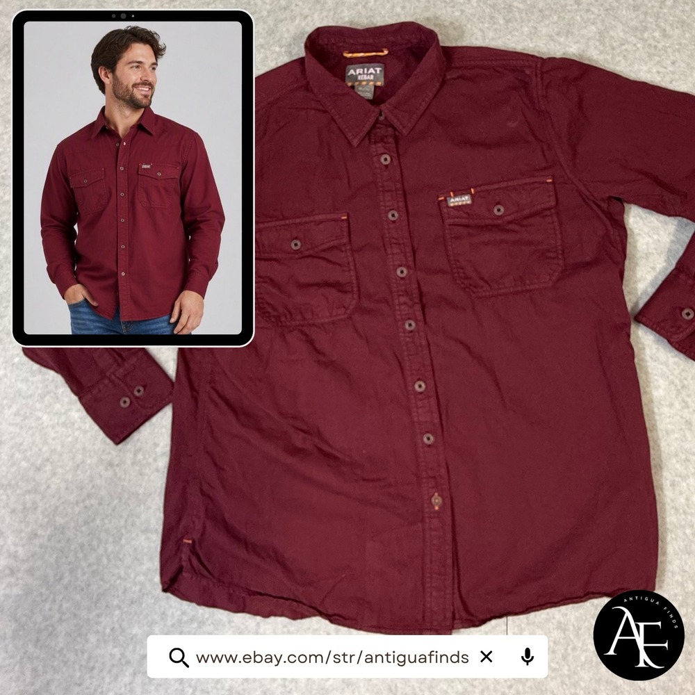 Ariat Rebar Mens Burgundy Long Sleeve Button Down Work Shirt XL Tall Maroon